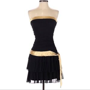 Byerwear Too Black & Gold Accents Strapless A-Line Flowy Ruched Cocktail Dress S